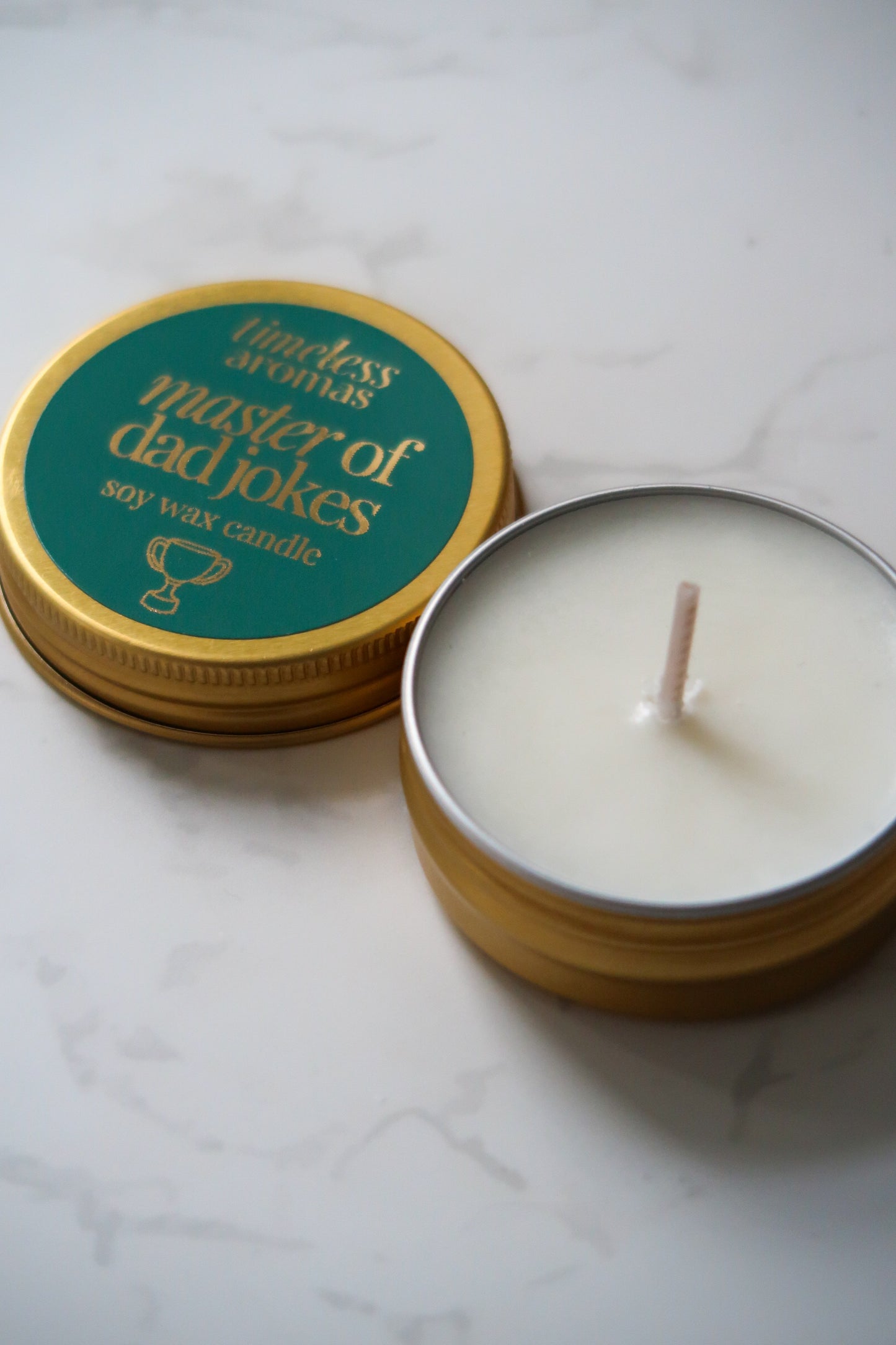 Master of Dad Jokes Mini Gold Tin Candle