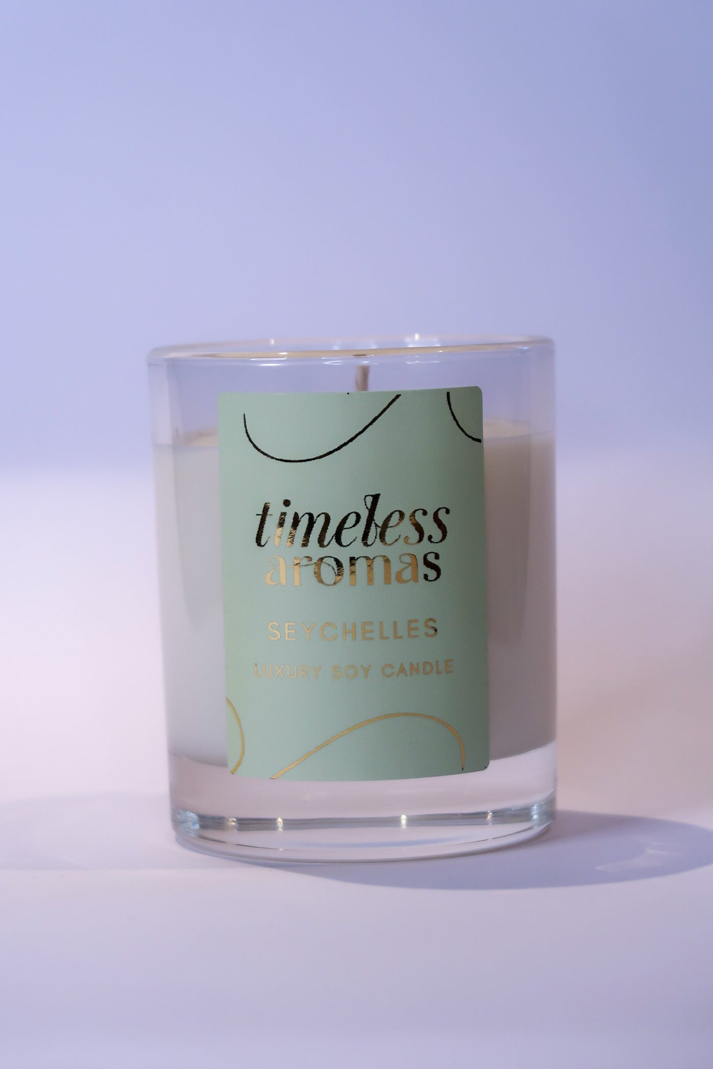 Close-up view of the Seychelles Luxury Scented Candle from Timeless Aromas, showcasing its sophisticated design and premium quality, perfect for enhancing your home décor.