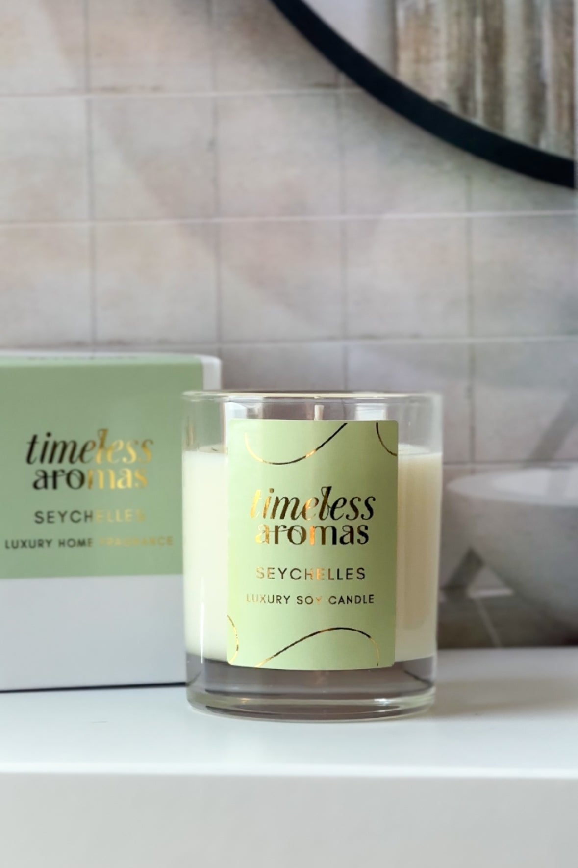 Seychelles Luxury Soy Candle by Timeless Aromas displayed elegantly, showcasing its sophisticated branding and luxurious design, emphasizing the soothing qualities of its seychelles luxury scented candle fragrance.