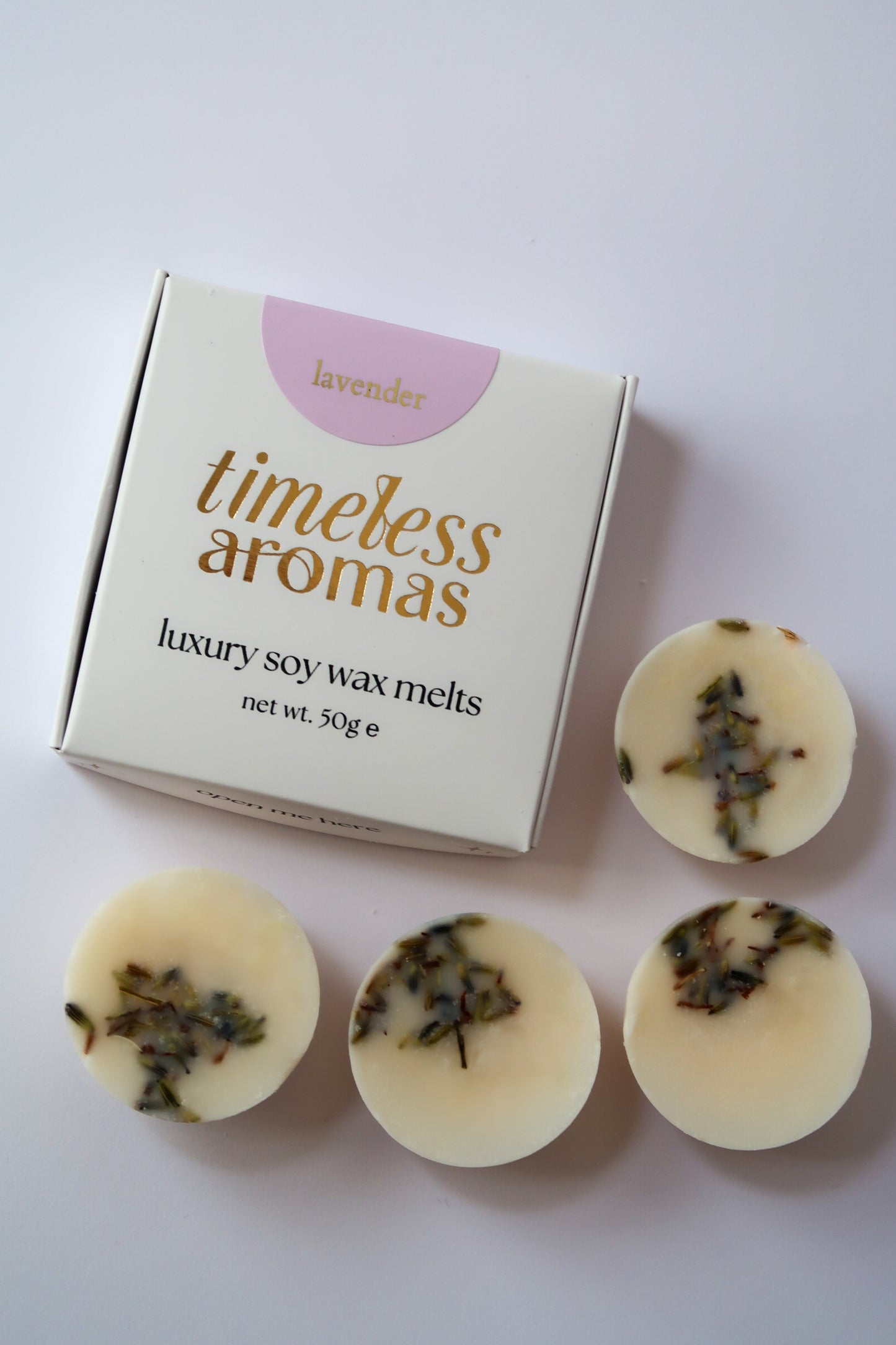 Timeless Aromas Lavender Wax Melt Box featuring luxury soy wax melts, ideal for filling your home with delightful lavender fragrance, embracing the essence of lavender luxury scented wax melts.