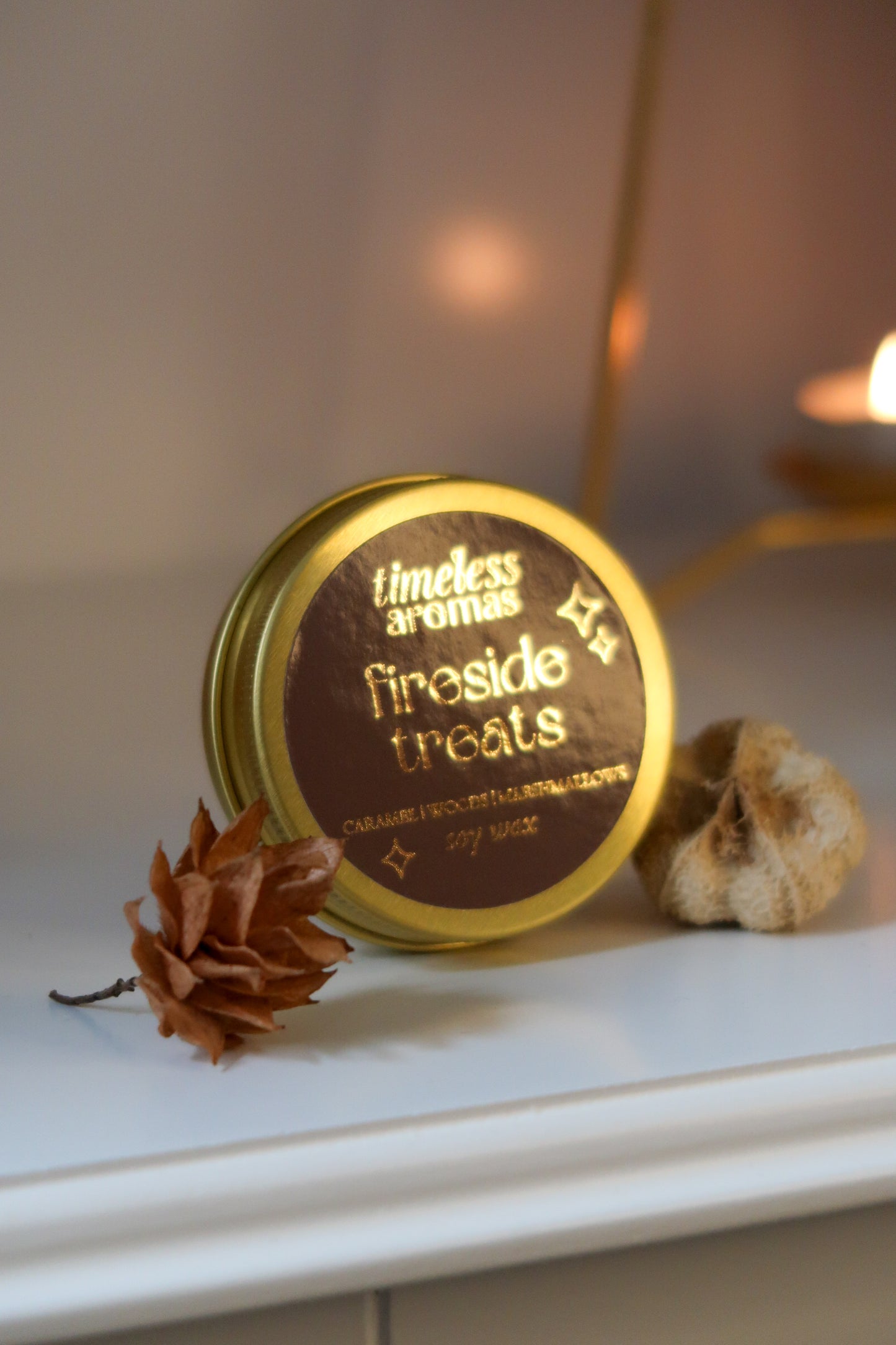 Fireside Treats Luxury Gold Tin Candle | Timeless Aromas