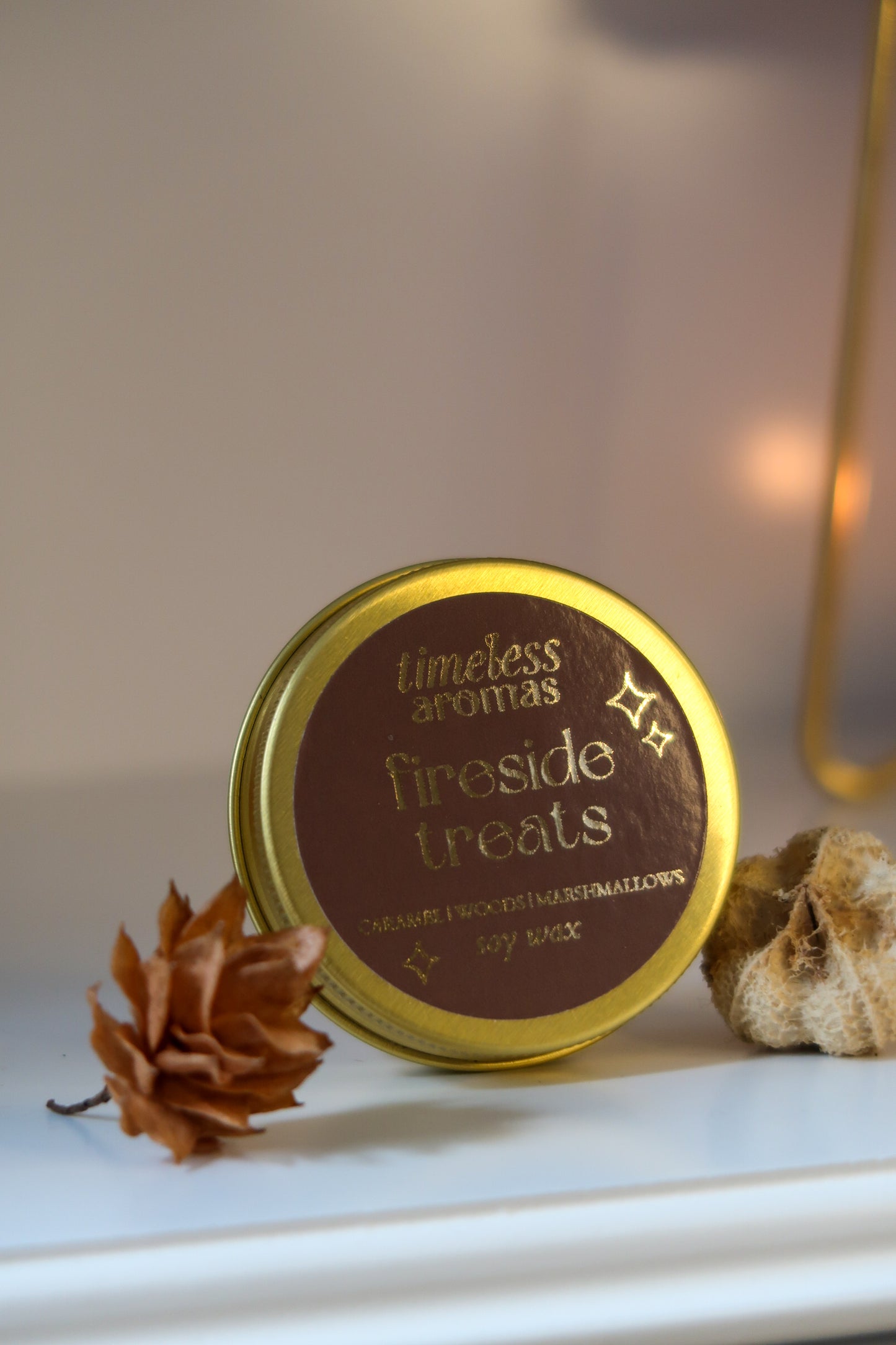 Fireside Treats Luxury Gold Tin Candle | Timeless Aromas