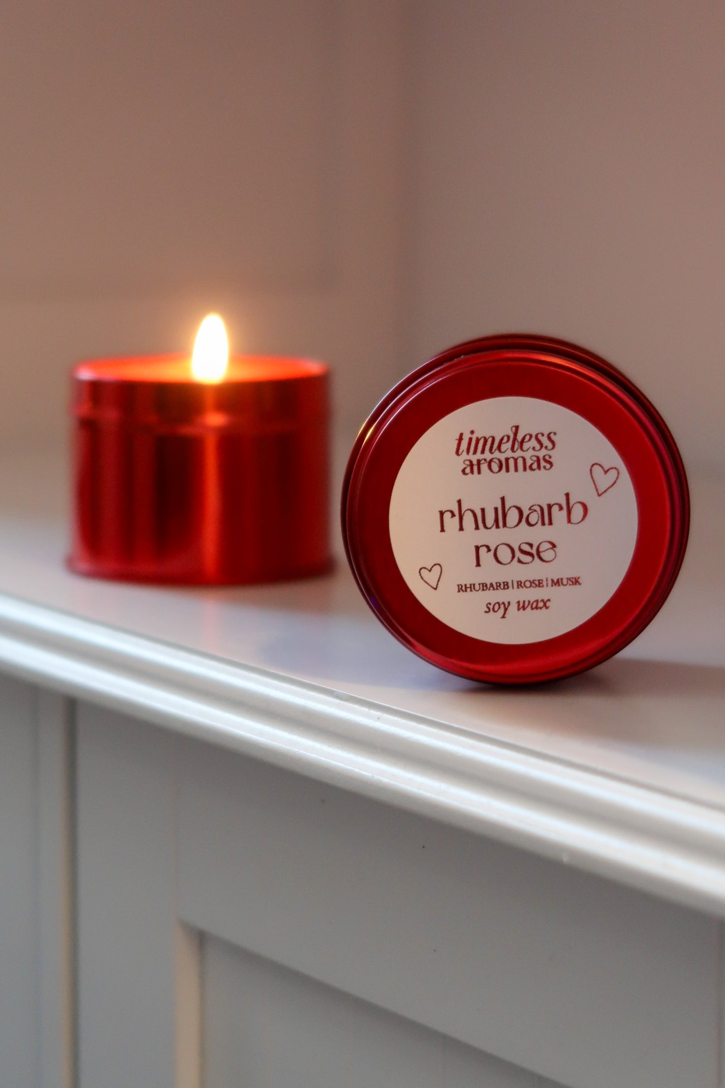 Rhubarb Rose Red Tin Candle - Luxury Soy Candle, Valentine Gift for Her