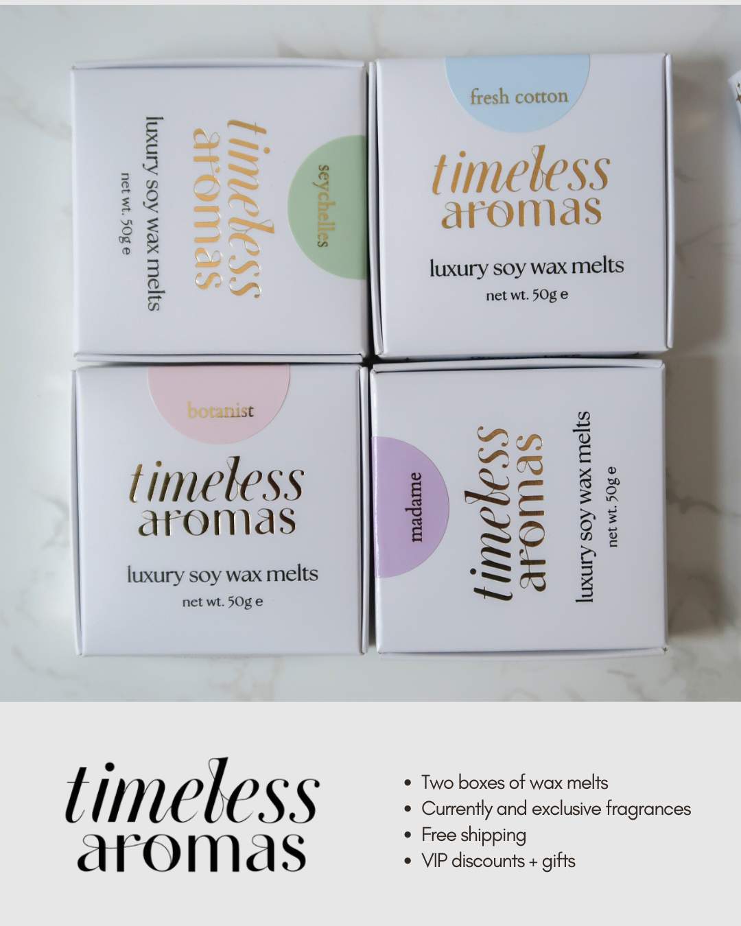 A delightful display of Timeless Monthly Melts Subscription by Timeless Aromas Ltd featuring luxury soy wax melts in elegant packaging. The image showcases four boxes labeled with unique fragrances like fresh cotton, seychelles, botanist, and madame, emphasizing the monthly delivery of exclusive scents.