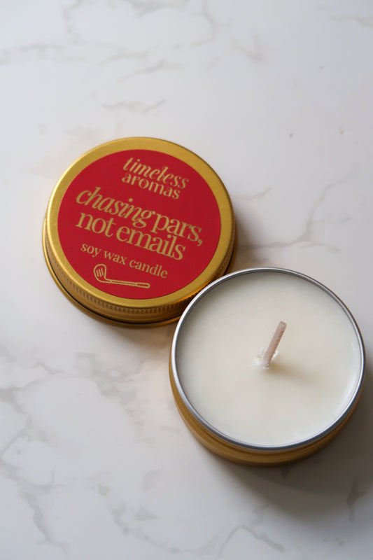 Chasing Pars, Not Emails Mini Gold Tin Candle