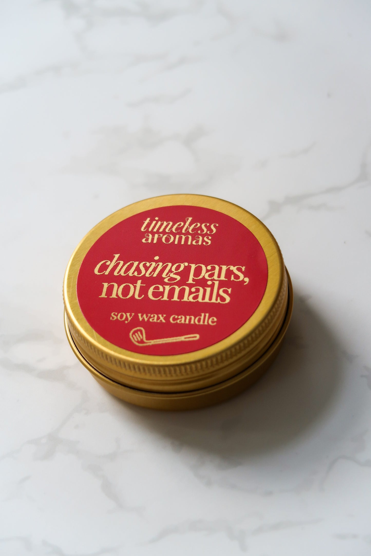Chasing Pars, Not Emails Mini Gold Tin Candle