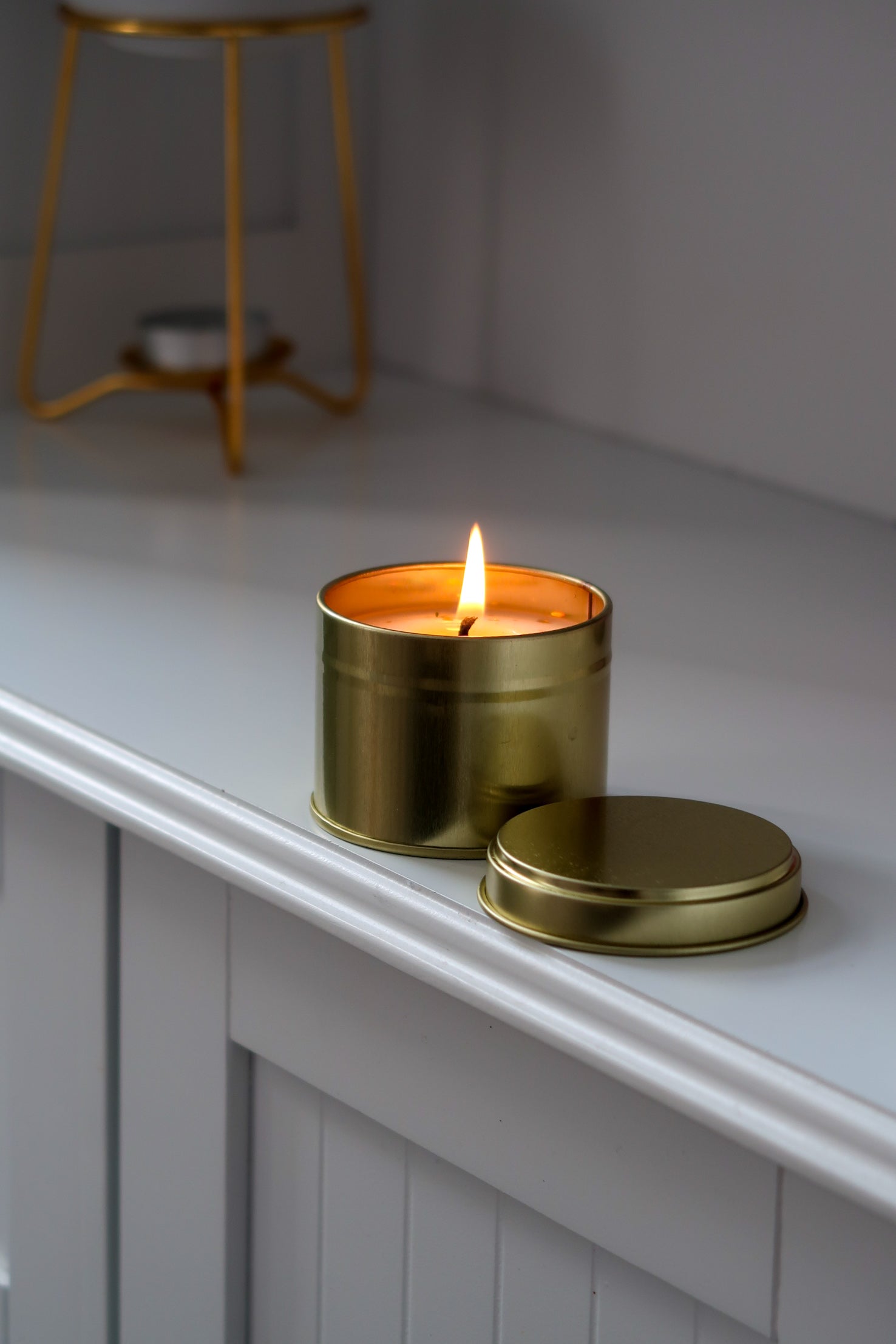 100g Gold Tin Candle in luxurious gold tin, part of a pack of 6 hand poured scented candles from Timeless Aromas Ltd, perfect for gifting or indulging yourself. Blank label candles, wholesale candles, white label candles.