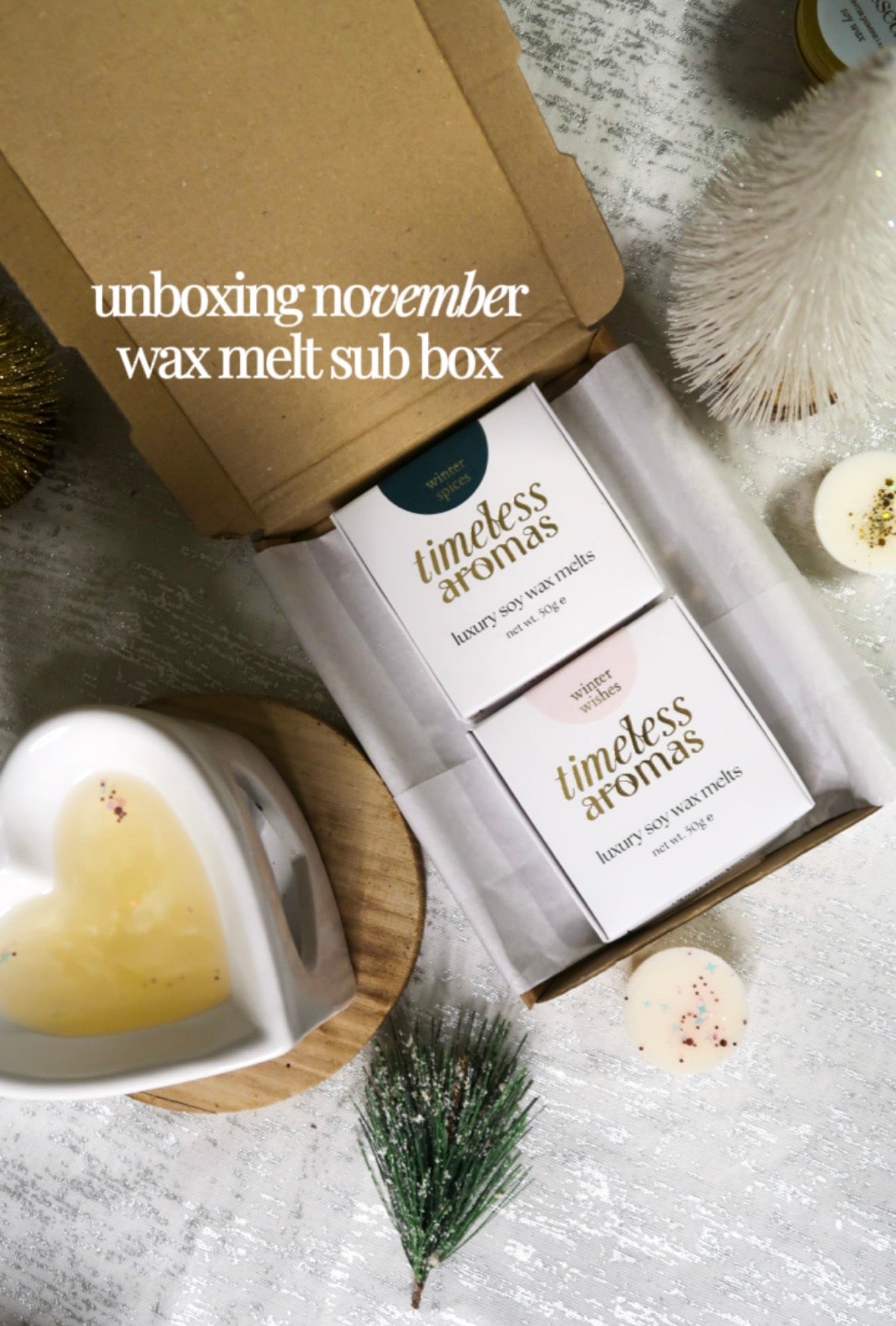 Unboxing the November box of Timeless Monthly Melts Subscription featuring luxury soy wax melts by Timeless Aromas. The box showcases elegantly packaged melts perfect for enhancing your space.