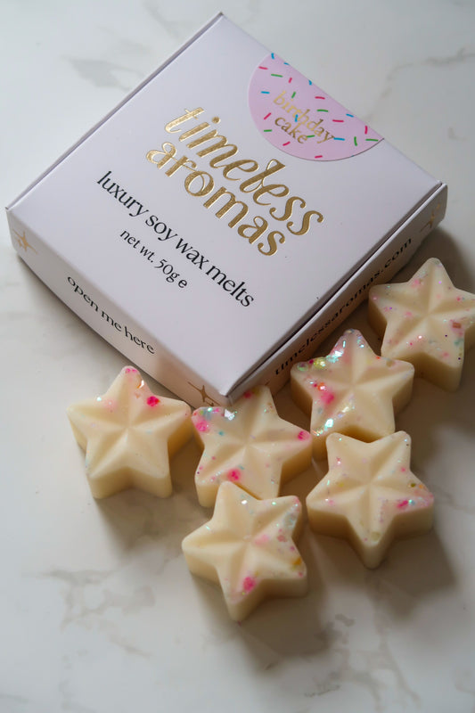 Birthday Cake Wax Melt Box - 6 Star-Shaped Soy Wax Melts | Rich Vanilla & Tonka Scent