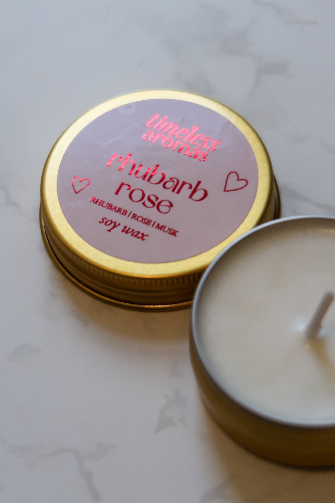 Rhubarb Rose Mini Gold Tin Candle