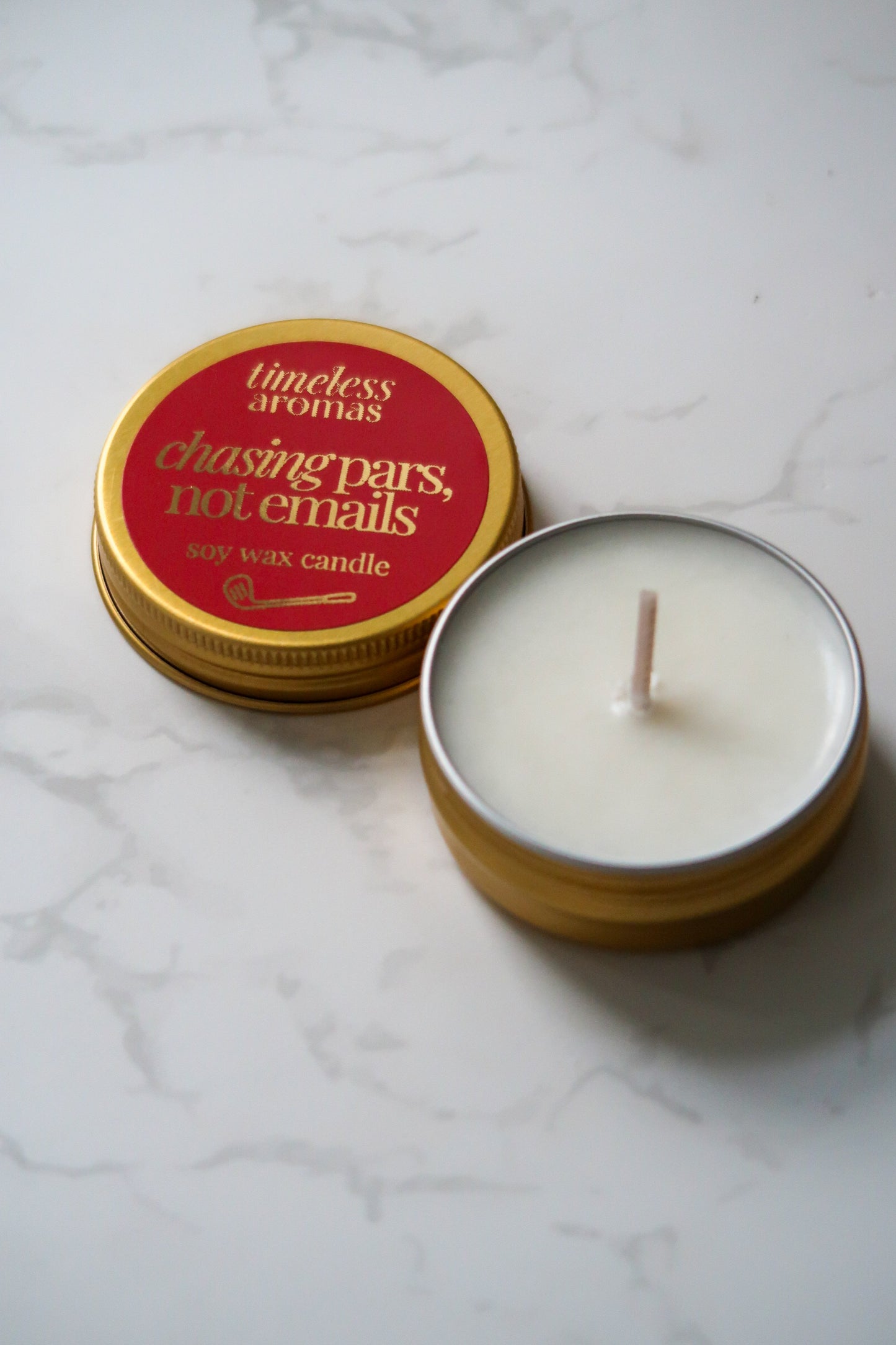 Chasing Pars, Not Emails Mini Gold Tin Candle