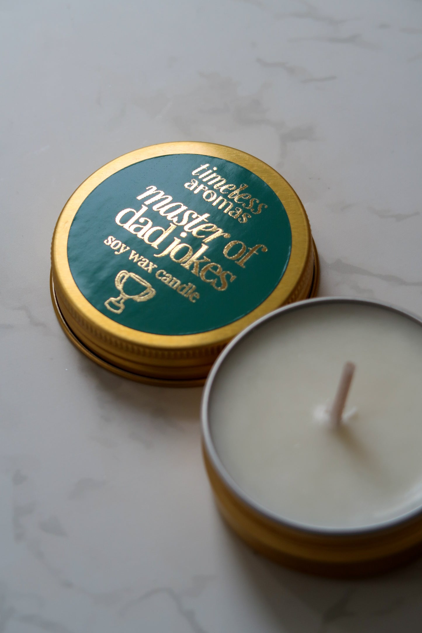 Master of Dad Jokes Mini Gold Tin Candle