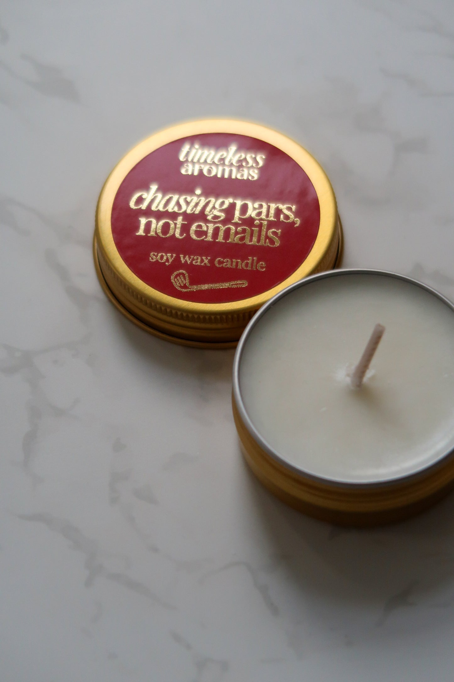 Chasing Pars, Not Emails Mini Gold Tin Candle