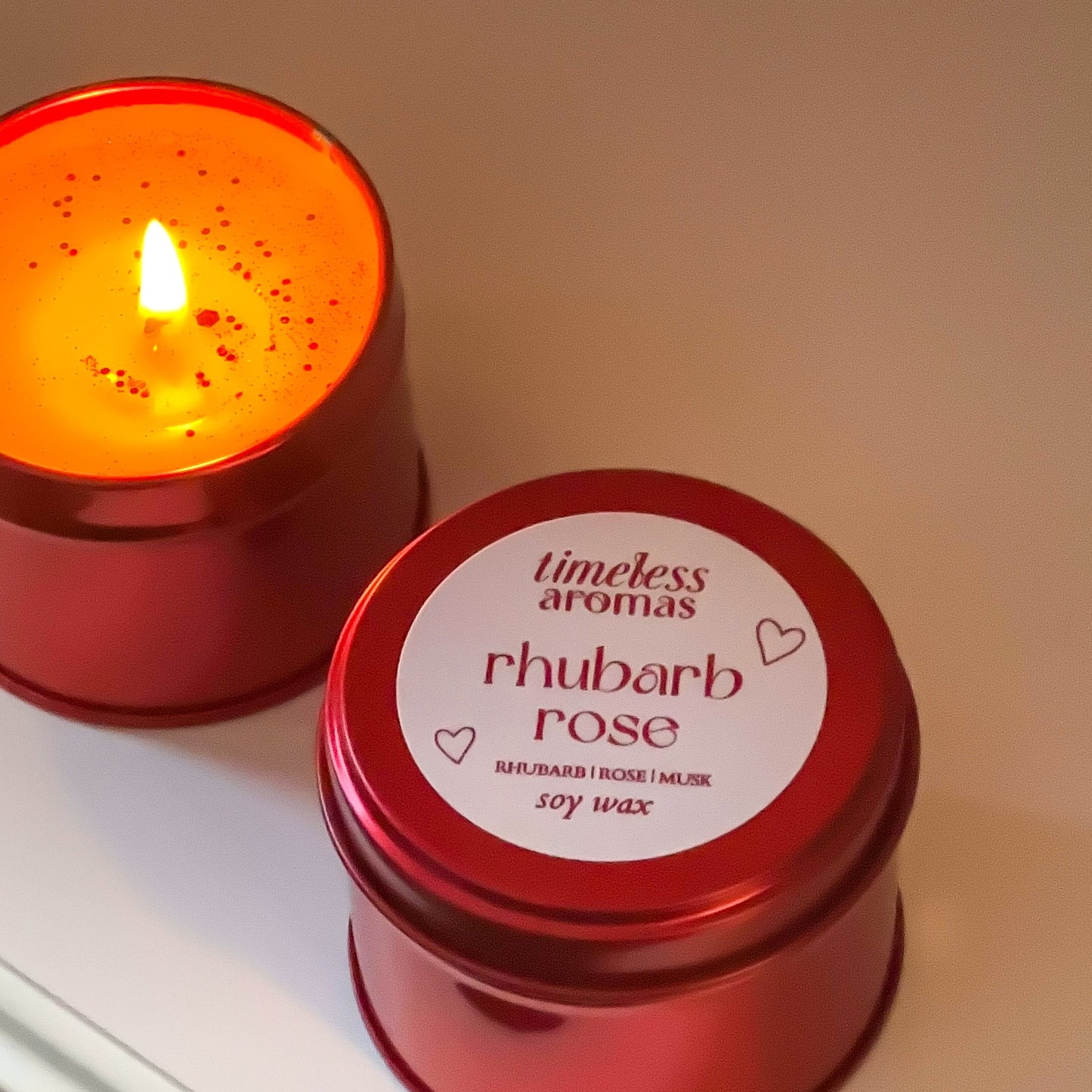 Rhubarb Rose Red Tin Candle - Luxury Soy Candle, Valentine Gift for Her