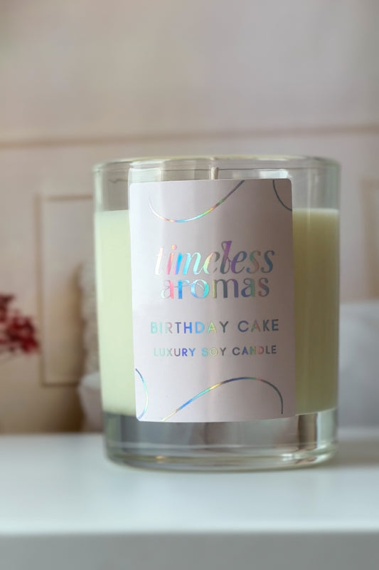 Timeless Aromas Birthday Cake Luxury Candle, 200g soy candle featuring a celebratory cake design, perfect for sweet home fragrance.