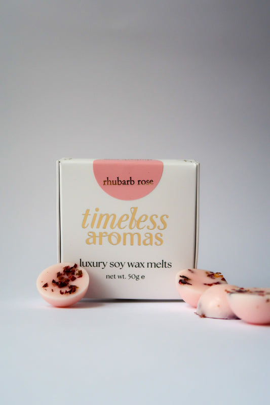 Rhubarb Rose Luxury Wax Melts Box by Timeless Aromas featuring 8 mini dome shapes, elegantly packaged with a natural aesthetic.