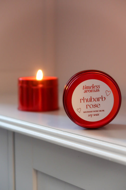 Rhubarb Rose Red Tin Candle - Luxury Soy Candle, Valentine Gift for Her