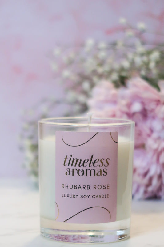 Rhubarb Rose Luxury Scented Candle 200g - 36 Hours Burn Time, Fruity-Floral Fragrance