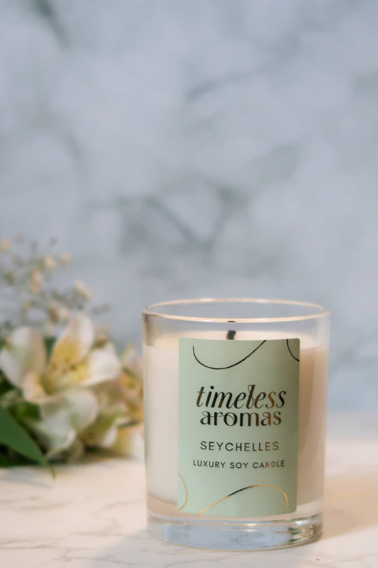 Seychelles Luxury Scented Candle – 200g, Exotic Citrus Coconut Fragrance, 36 Hours Burn Time